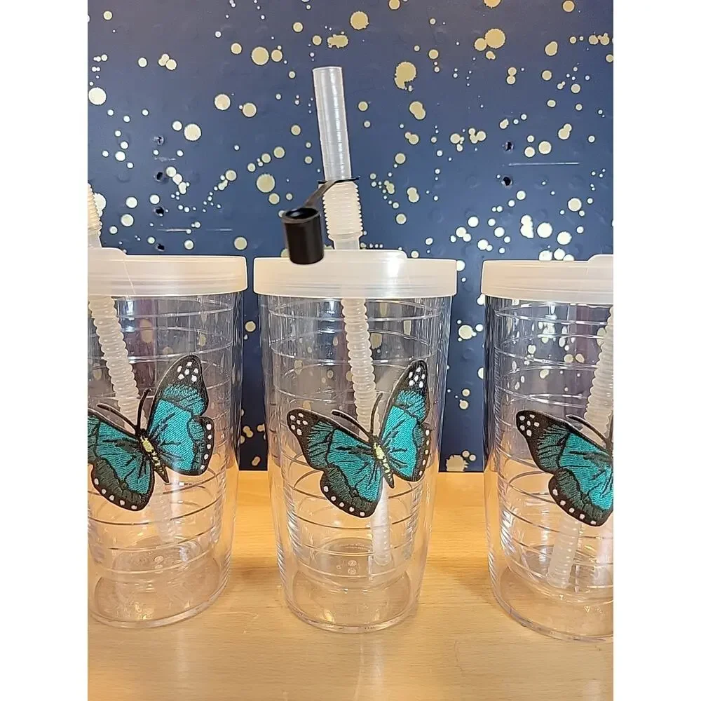 Tervis tumblers (Set of 4) Blue Butterfly 16 oz w/ lids and straws Insulated